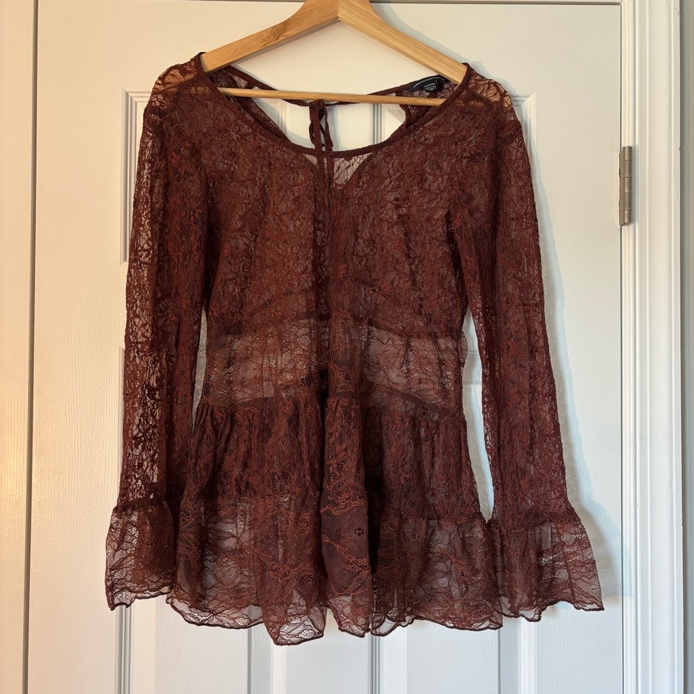 American Eagle Outfitters Brown Lace Longsleeve Top Boho Festival Concert XS - Picture 1 of 5